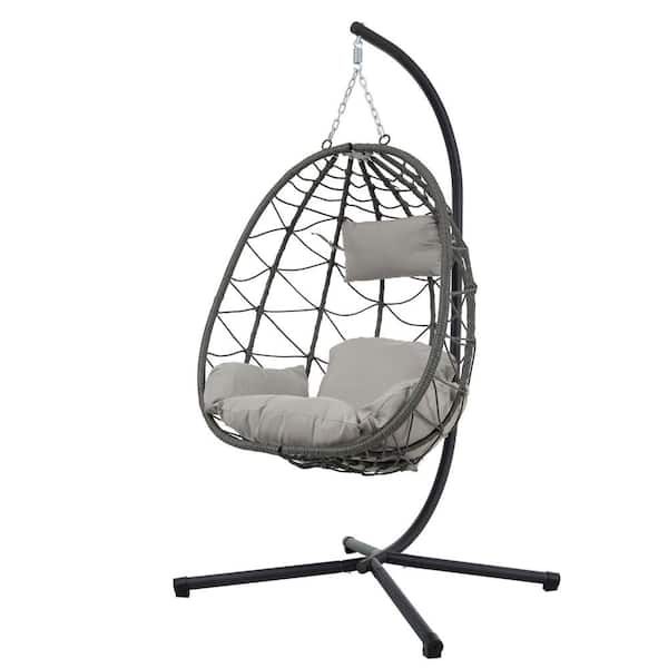 Tunearary Outdoor Garden Wicker Swing Chair Outdoor Rocking Chair Foldable Hanging Egg Chair with Stand and Gray Cushion
