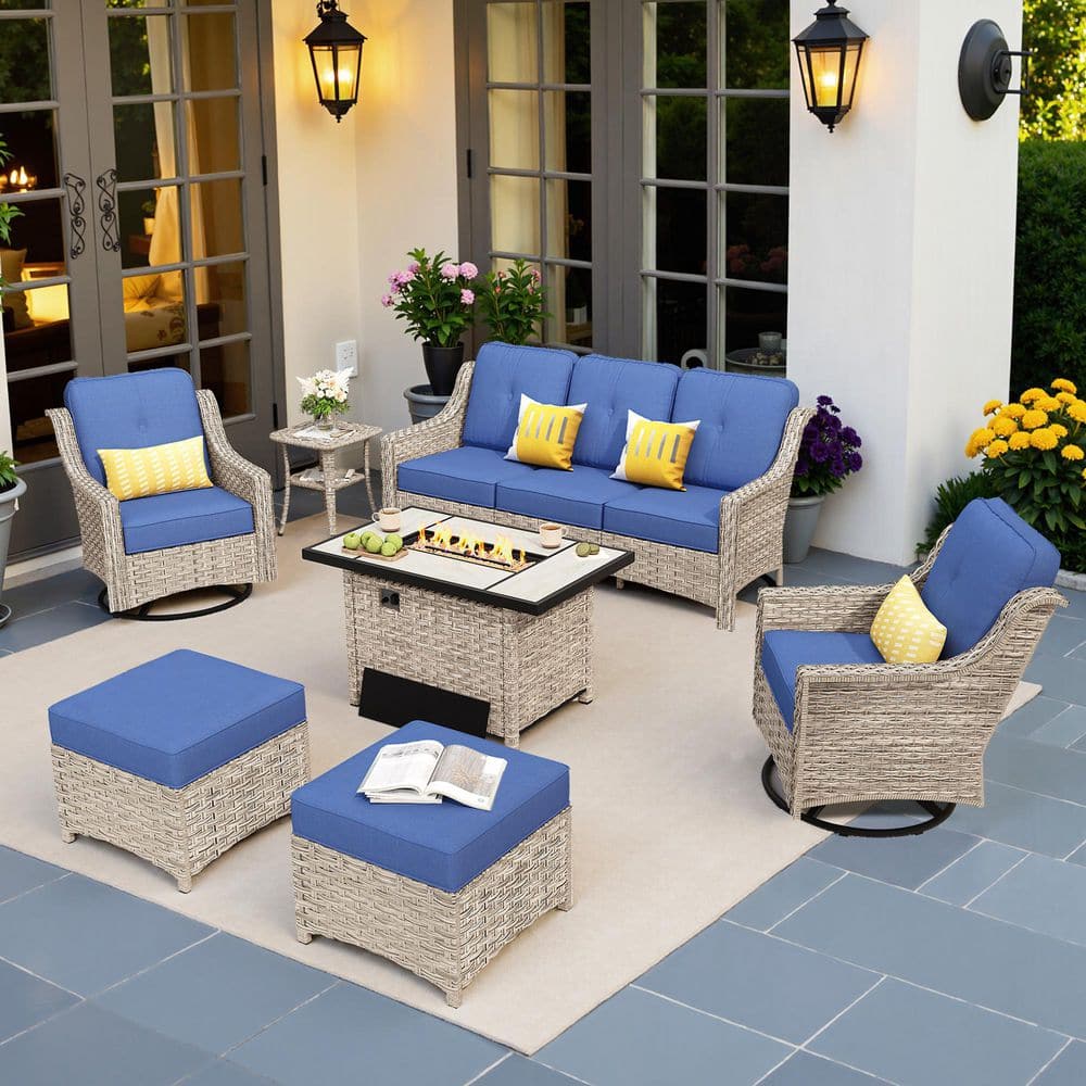Palffy Gray 7-Piece Wicker Patio Rectangle Fire Pit Conversation Set with Navy Blue Cushions and Swivel Chairs price history on PriceWatchPro