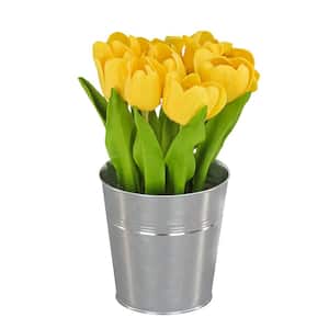 9 in. Artificial Floral Arrangements Tulips in Metal Pot- Color: Yellow