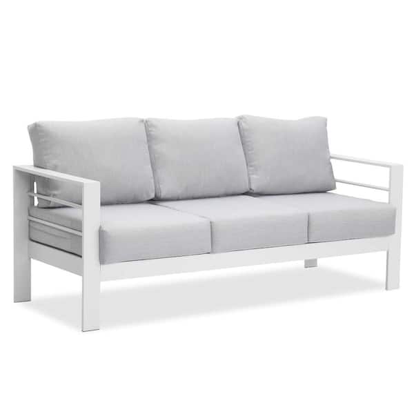 Tenleaf White Aluminum Triple Outdoor Couch with Light Gray Cushions