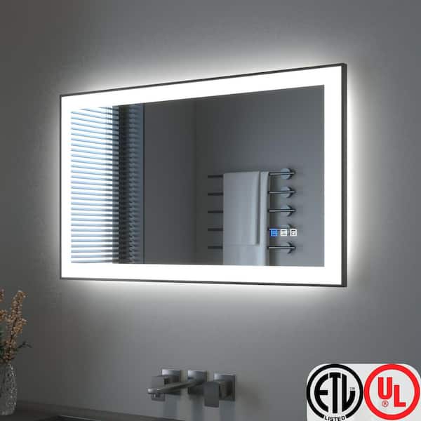 TOOLKISS 40 in. W x 24 in. H Rectangular Framed LED Anti-Fog Wall Bathroom Vanity Mirror in Black with Backlit and Front Light