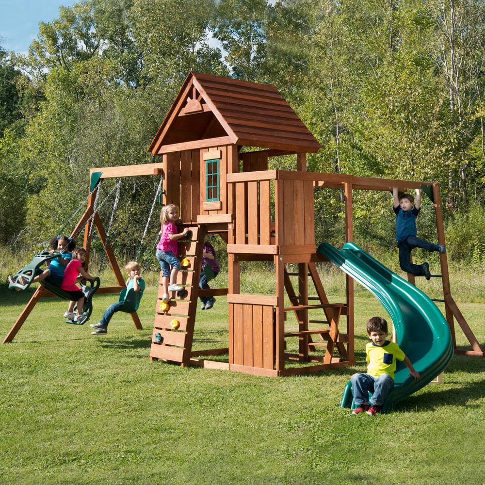 Swing-N-Slide Playsets Grandview Twist Deluxe Complete Wooden Outdoor Playset with Slide, Dual Rider and Backyard Swing Set Accessories -  PB 8020