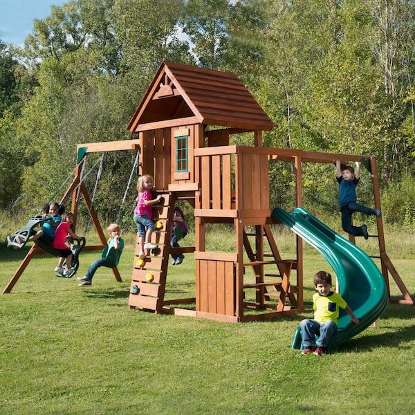 Swing-N-Slide Playsets Grandview Twist Deluxe Complete Wooden Outdoor Playset with Slide, Dual Rider and Backyard Swing Set Accessories