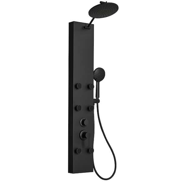 6-Jet Rainfall Shower Tower Shower Panel System with Rainfall Waterfall Shower Head and Shower Wand in Matte Black