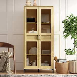 Yellow Wooden Grain 70.9 in. Height Storage Cabinet with 4 Shelves, 2 Drawers and Glass Doors