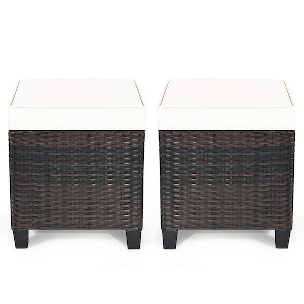 Costway 2-Piece Wicker Outdoor Patio Ottoman with Beige Cushions