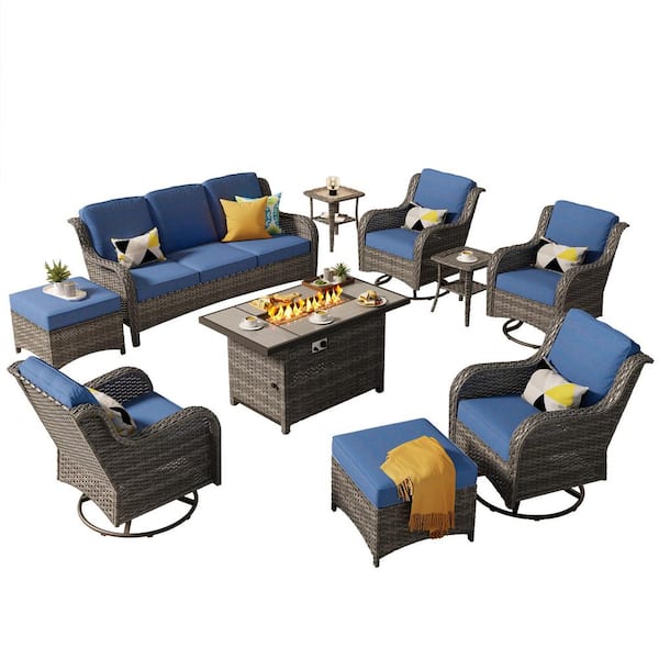 Joyoung Gray 10-Piece Wicker Patio Rectangle Fire Pit Conversation Set with Denim Blue Cushions and Swivel Chairs