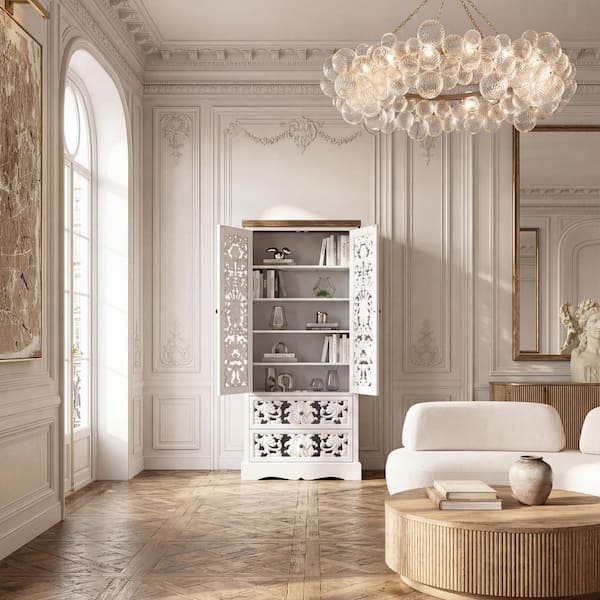 FUFU&GAGA 66.1 in. Tall White Wood 5-Shelf Carved Door Accent