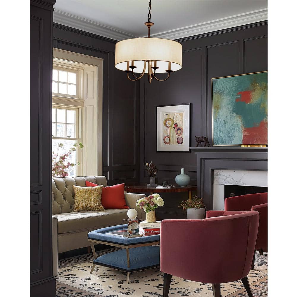 Oil-Rubbed Bronze 5-Light Chandelier with White Linen Drum Shade