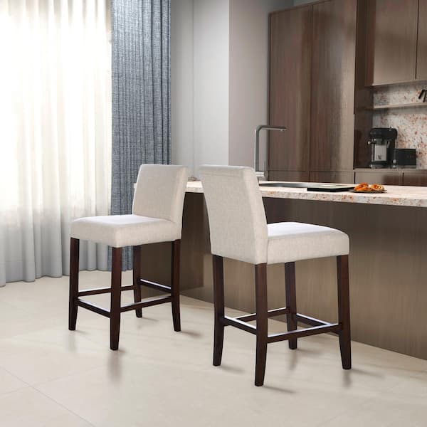 Ashcroft Furniture Co Devonte 25.6 in. Beige High Back Solid Wood Counter Stool with Fabric Seat Set of 2