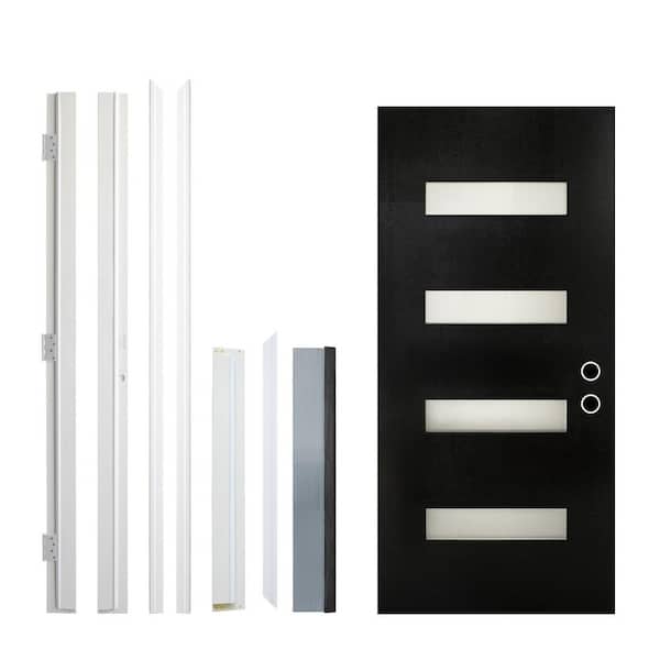 36 x 80 in. Fiberglass Entry Door with Brickmould,Black Finished,LH Inswing,Kit with Quick Assemble Jamb,Frosted Glass
