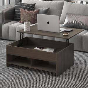 37.6 in. Width Dark Brown Particle Board Lift Top Coffee Table with Hidden Storage and 2 Open Shelves