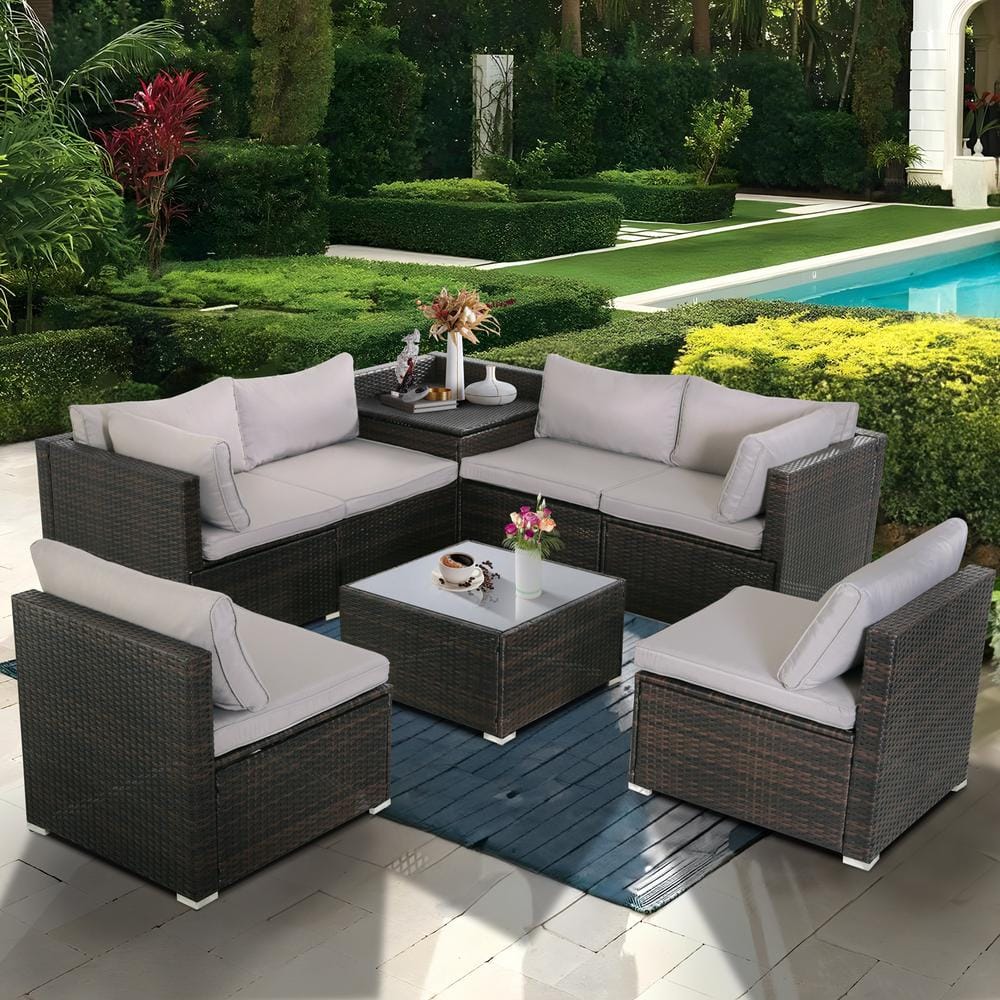 JUSKYS Brown 8-Piece Wicker Rattan Patio Outdoor Furniture Set with ...