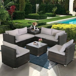 Brown 8-Piece Wicker Rattan Patio Outdoor Furniture Set with Gray Cushion, 6 Sofas, 1 Cushion Box, 1 Coffee Table