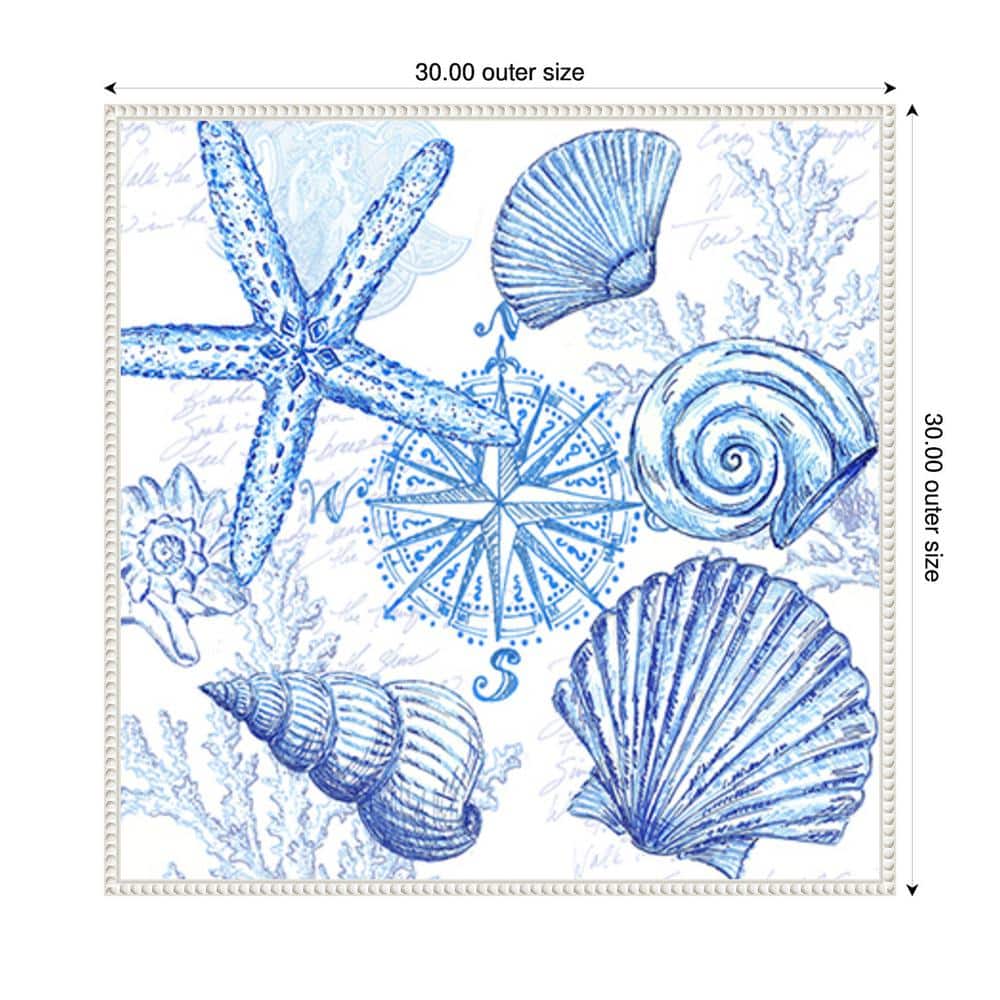 Coastal Blue Sea Shells and Starfish Canvas Wall Art in White Frame