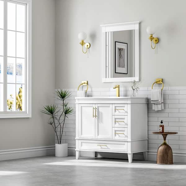 36 in. W Freestanding Single Sinks White Bath Vanity with White Ceramic Top and Bottom Drawer Unassembled