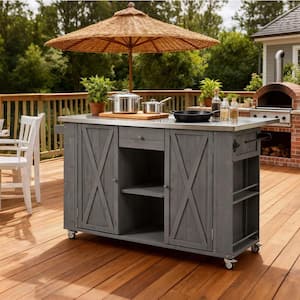 Gray Wood Outdoor Bar Cart with Lockable Wheels, Kitchen Island with Adjustable Shelves and Storage Cabinet