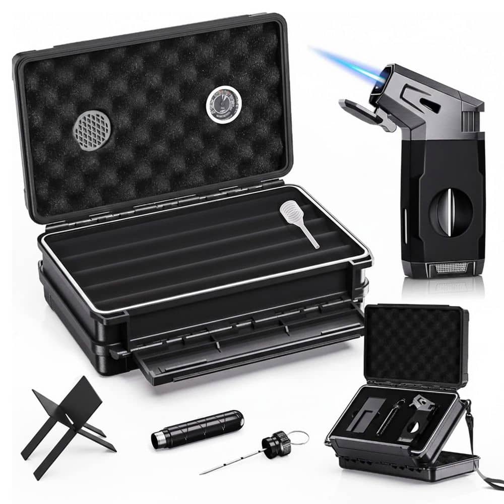 2.95 in.H X 7.95 in.W Black Travel Cigar Humidor Case Set ABS