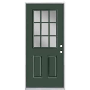 36 in. x 80 in. 9 Lite Conifer Left Hand Inswing Painted Smooth Fiberglass Prehung Front Exterior Door with No Brickmold