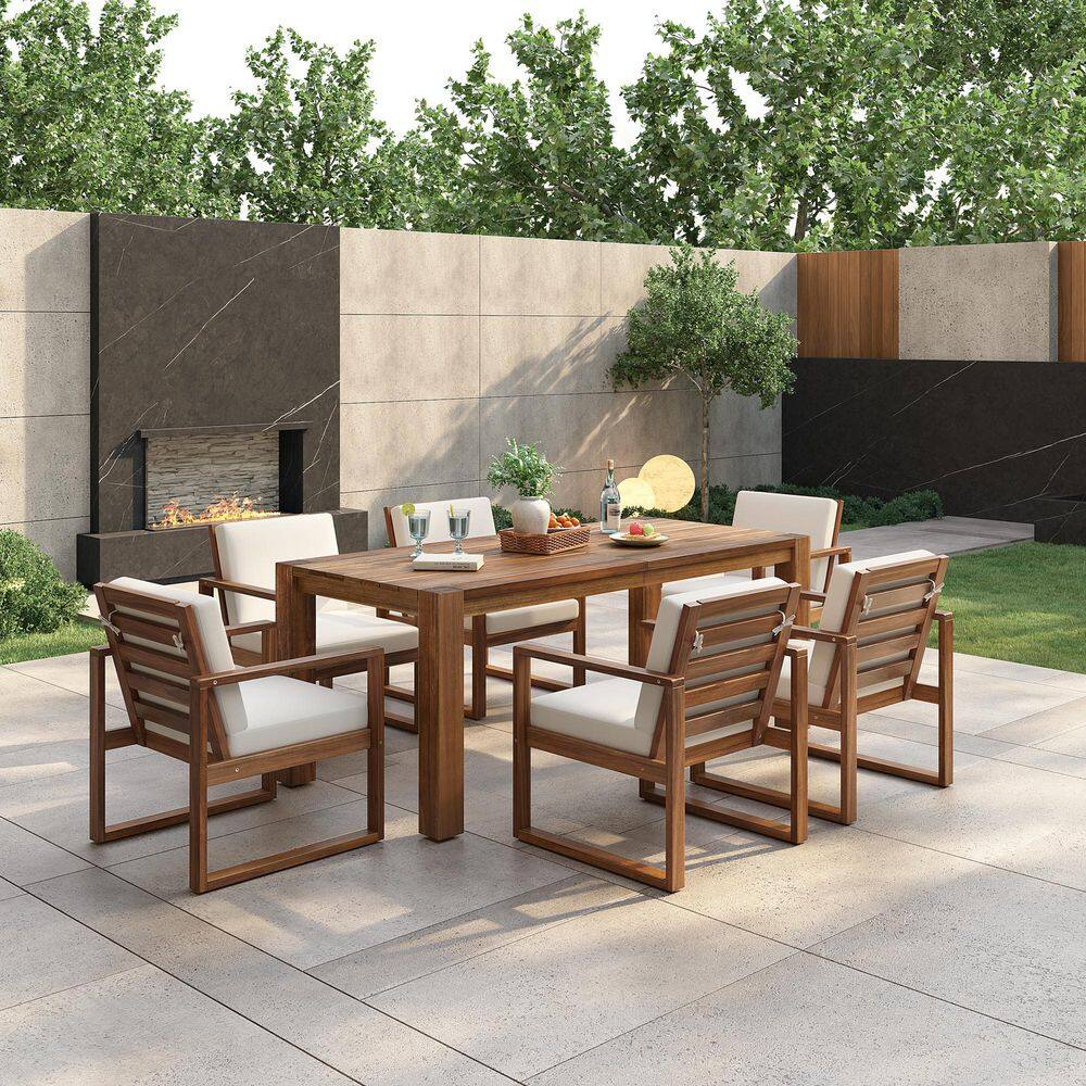 7-Piece Mocha Wood Outdoor Dining Set with Beige Cushions
