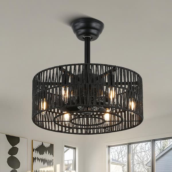 Bella Depot Canelle 18 in. Indoor Black Rattan Rope Caged Ceiling Fan with Light Kit and Remote, Reversible Ceiling Fan