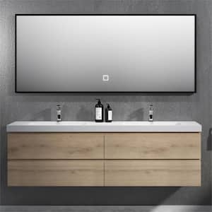 Angela 72 in. W x 18.7 in. D x 20.5 in. H Wall Mounted Bathroom Vanity Sink Combo in Natural Oak with Glossy White Top