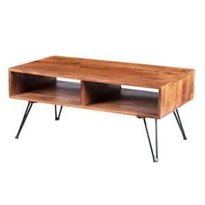 42 in. Brown/Black Large Rectangle Wood Coffee Table with Metal Hairpin Legs