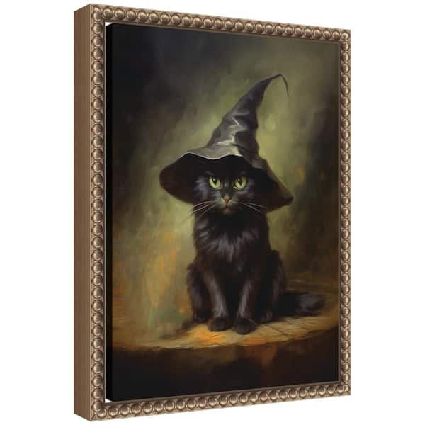 Sylvie "Spooky Black Cat in a Witch Hat" by The Creative Bunch Studio Animals Framed Canvas Art Print 13 in. x 10 in.