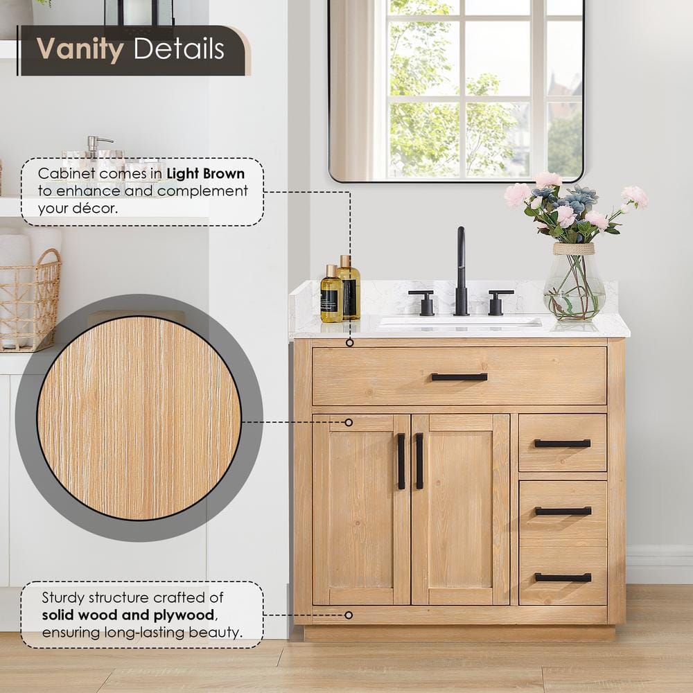 Gavino 36" Light Brown Wood Vanity with Composite Stone Top