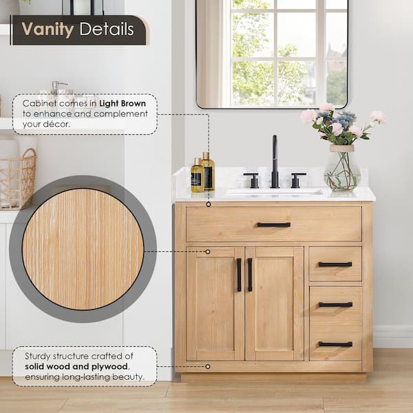 Gavino 36 in. W x 22 in. D x 34 in. H Bath Vanity in Light Brown with Grain White Composite Stone Top Gavino 36 in. W x 22 in. D x 34 in. H Bath Vanity in Light Brown with Grain White Composite Stone Top