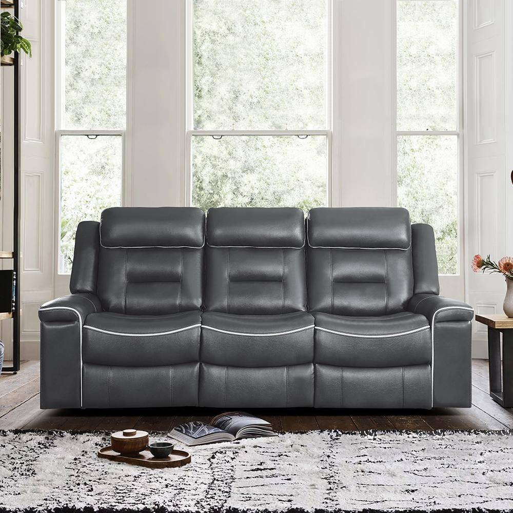 Cairn 88.5 in. W Straight Arm Faux Leather Rectangle Double Lay Flat Reclining Sofa in. Dark