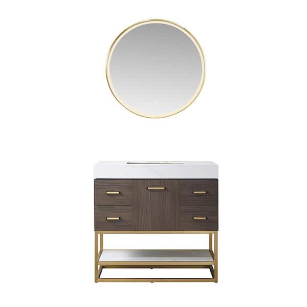ROSWELL Toledo 36 in. W x 22 in. D x 34 in. H Single Sink Bath Vanity in Dark Walnut with White Composite Stone Top and Mirror