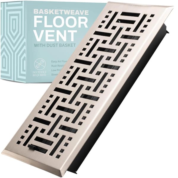 HOME INTUITION Basketweave 14 in. x 4 in. Decorative Floor Register Vent with Mesh Cover Trap in Satin Nickel