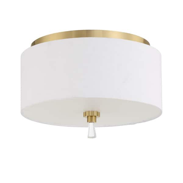 Fortuna 12 in. 2 Light Satin Brass Finish Traditional Flush Mount with White Linen Fabric and No Bulbs Included