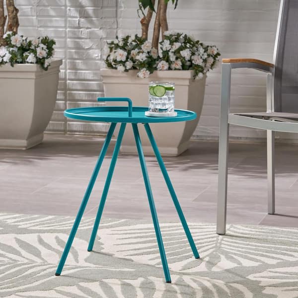 Unbranded Modern Simple 16.5 in. Outdoor Patio Round Iron Side Table for Patios, Backyards, Porches, Handle Design, Teal