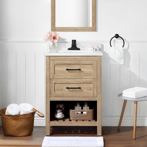 Home Decorators Collection Autumn 24 in. W x 19 in. D x 34 in. H Single Sink Bath Vanity in Weathered Tan with White Engineered Stone Top