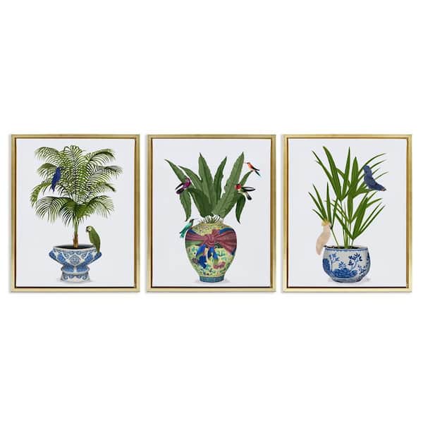 Traditional House Plant Vases by Fab Funky 3 Pieces Gold Floater Frame Nature Graphic Art Print 31 in. x 25 in.