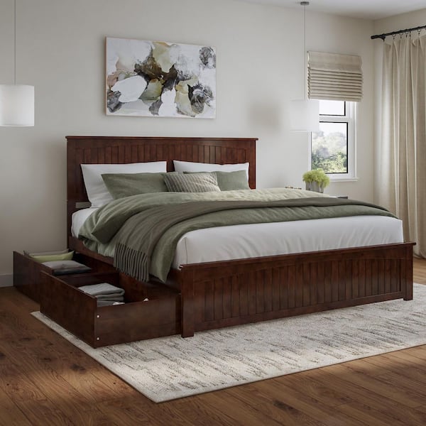 Nantucket Walnut Brown Solid Wood Frame King Platform Bed with Matching Footboard and Storage Drawers