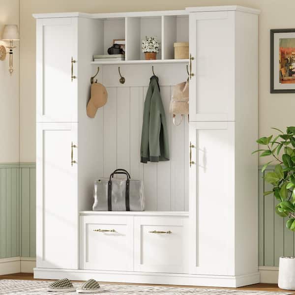 Nestfair All-in-One White Hall Tree with 4 Side Cabinets