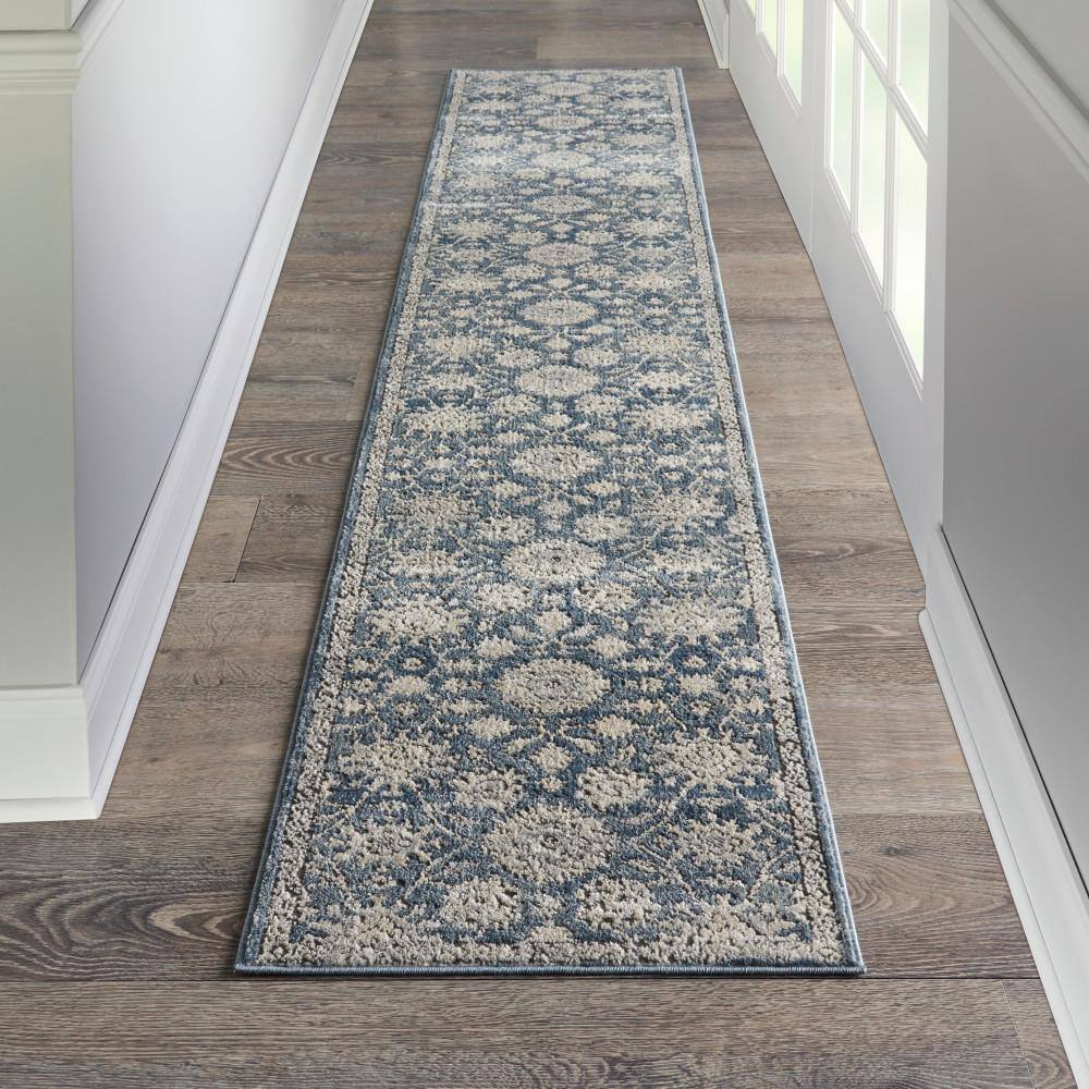 Slate Blue Floral Medallion 26" Hand-Knotted Easy-Care Rug