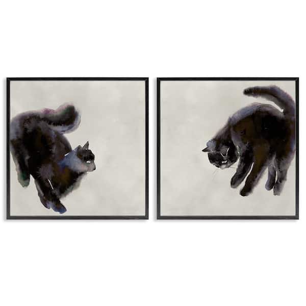 Fuzzy Black Cats on Beige by Melissa Wang 2 Pieces Black Framed Animal Giclee Art Print 24 in. x 24 in.