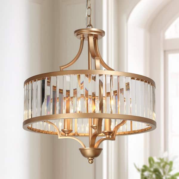 LNC 18 in. Modern 3-Light Dark Gold Dining Room Candlestick Chandelier with Drum Crystal Shade Kitchen Island Ceiling Light