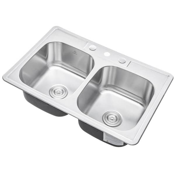 Topmount Drop-In 18G Stainless Steel 33-1/8 in. 3-Faucet Hole 50/50 Double Bowl Kitchen Sink with Colander and Strainer