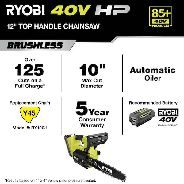 RYOBI 40V HP Brushless 12 in. Top Handle Battery Chainsaw