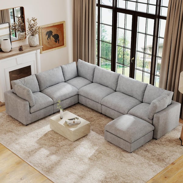 7-Piece Gray Modular Sectional Sofa Chenille Free Combination Living Room Set, with Ottoman, Removable Washable Covers