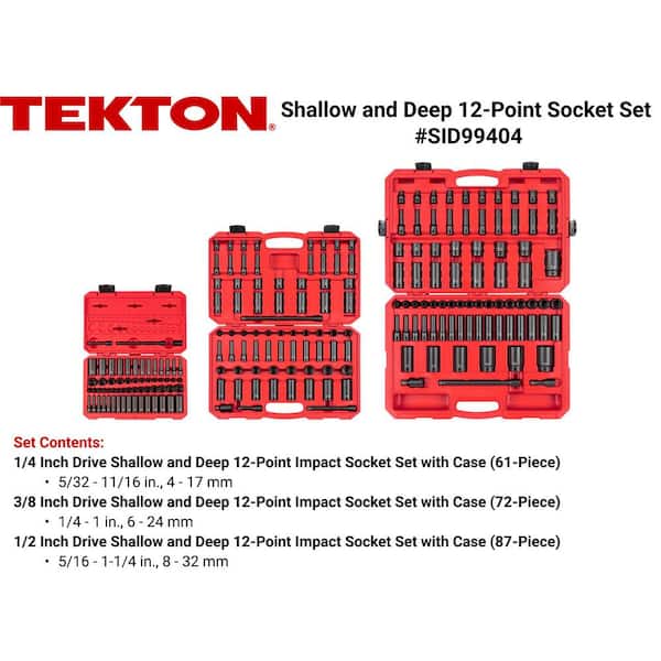 TEKTON 1/4,3/8,1/2 in. Drive 12-Point Impact Socket Set with Cases