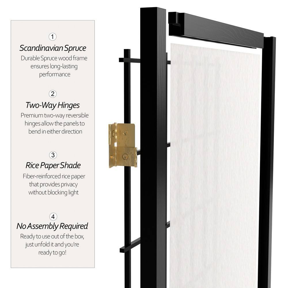 Black 6-Panel Shoji Screen Room Divider with Scandinavian Spruce Frame