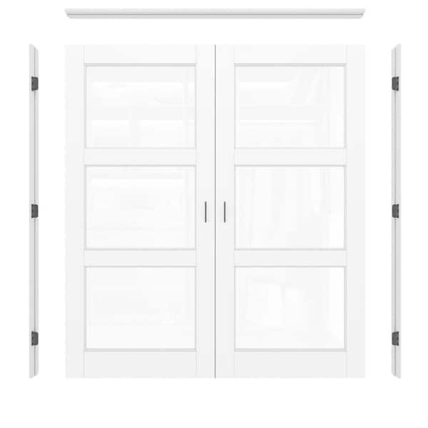 72 in. x 80 in. 3-Lite Clear Glass Universal White Solid Core Glass Double Prehung French Door+ Separate Jamb&Ball Catch