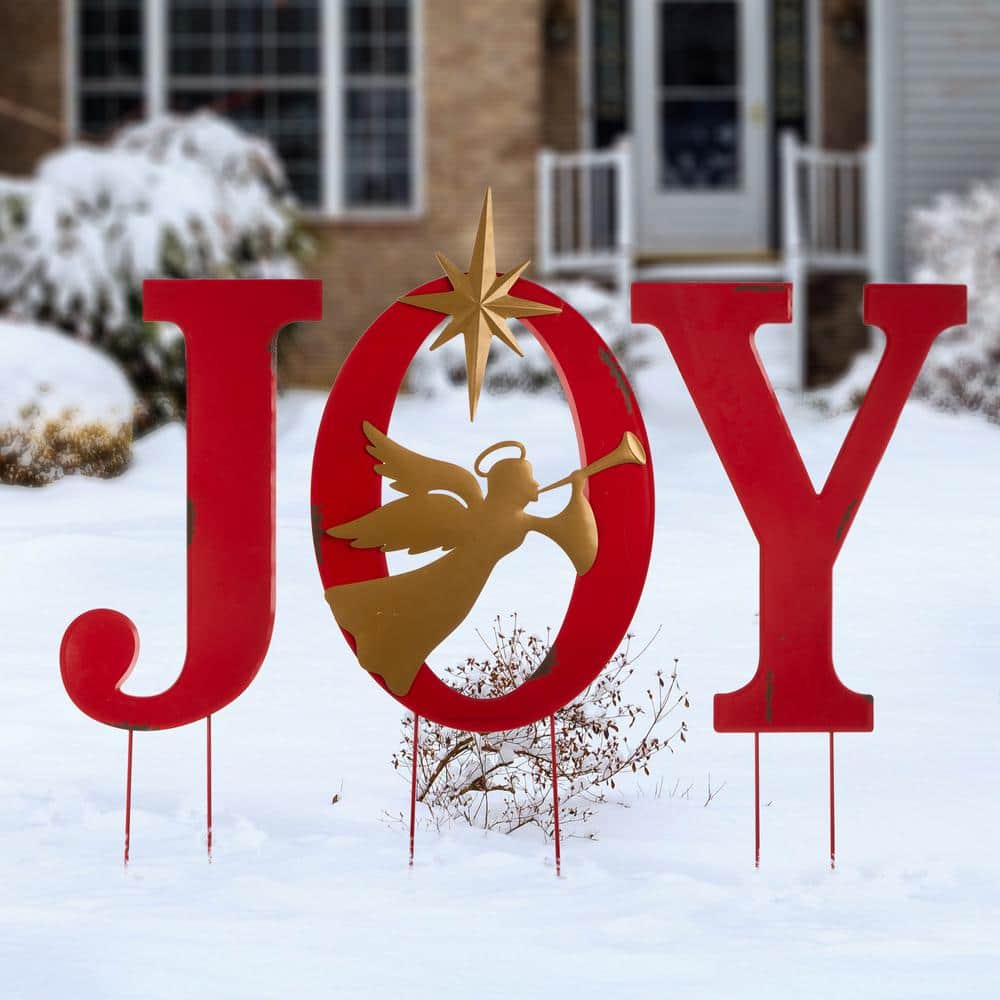 Festive Red and Gold Metal JOY Yard Stake with Angel