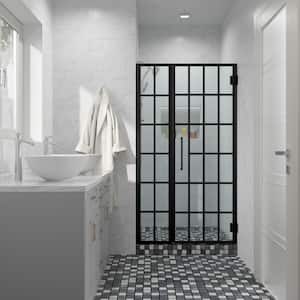 34 in. W x 72 in. H Pivot Semi Frameless Pivot Shower Door/Enclosure in Matte Black with Pattern Glass